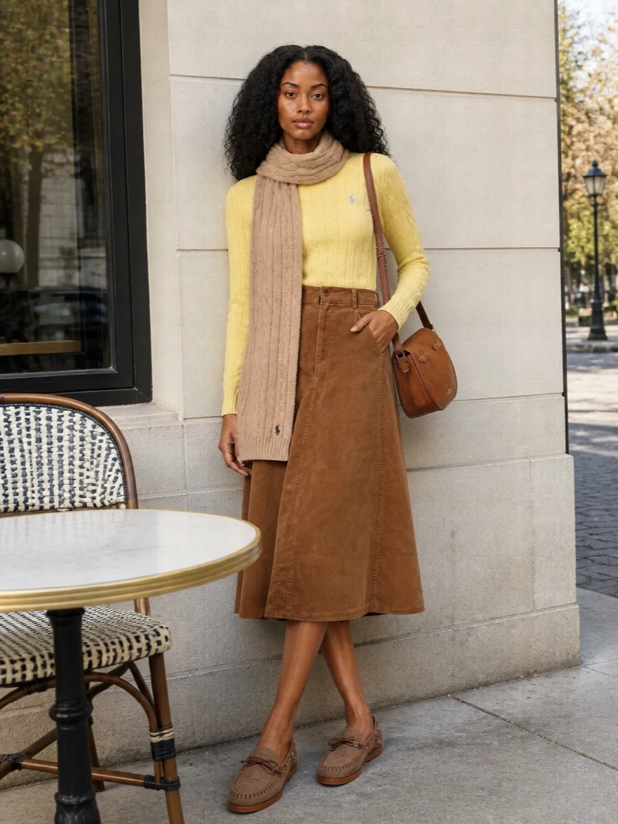 Pastel yellow meets warm camel for a collegiate, softly polished outfit that feels bright but grounded for cooler days. The A-line corduroy midi and suede moc-style loafers keep the silhouette easy and leg-lengthening, while the caramel-toned shoulder bag and camel cable scarf pull the browns together in a quietly refined, equestrian-prep palette. It is an easy go-to for coffee catch-ups, relaxed office days or weekend city wandering when you want color without losing restraint.