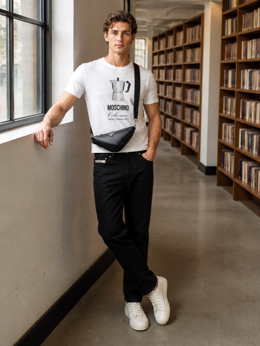 Moschino moka print black jeans sneakers outfit