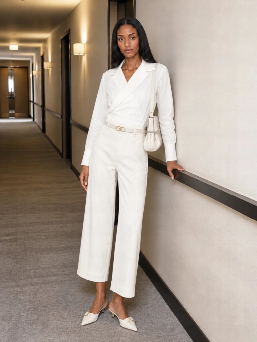 Givenchy ivory wide leg trousers white wrap shirt