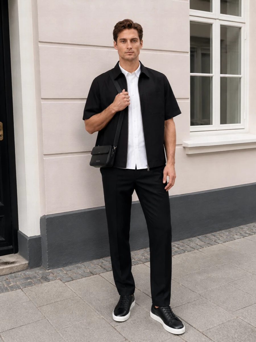Givenchy black shirt jacket pleated trousers outfit