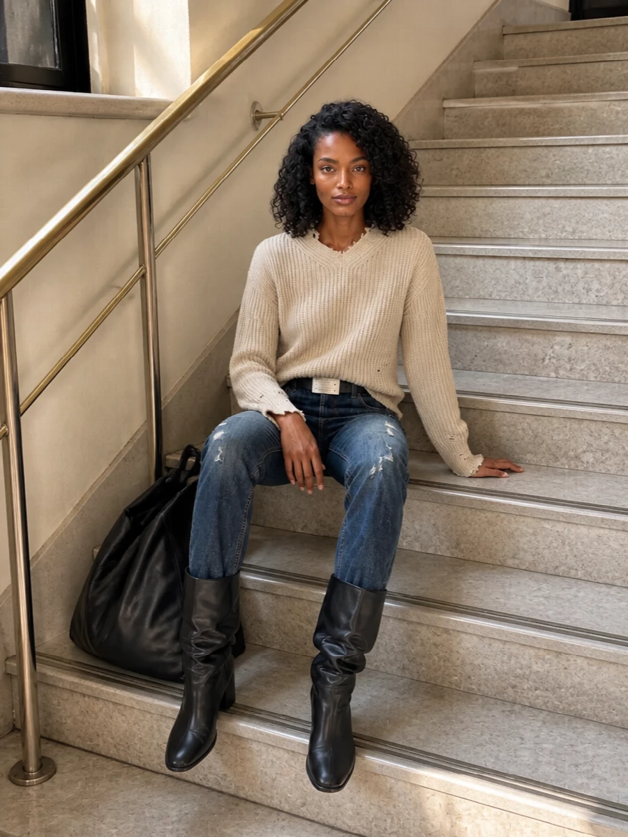 Mm6 distressed jeans beige knit black boots