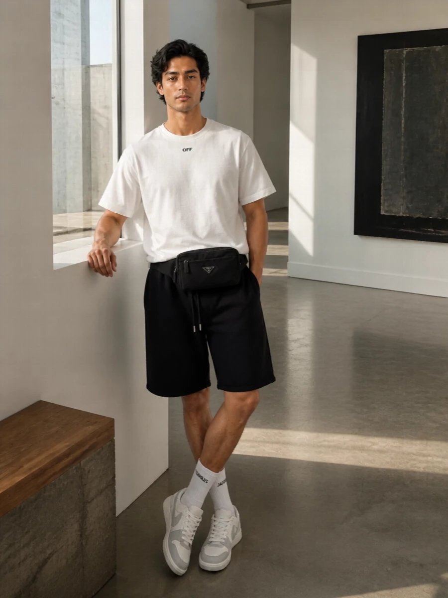 Off white black shorts white tee sneakers outfit