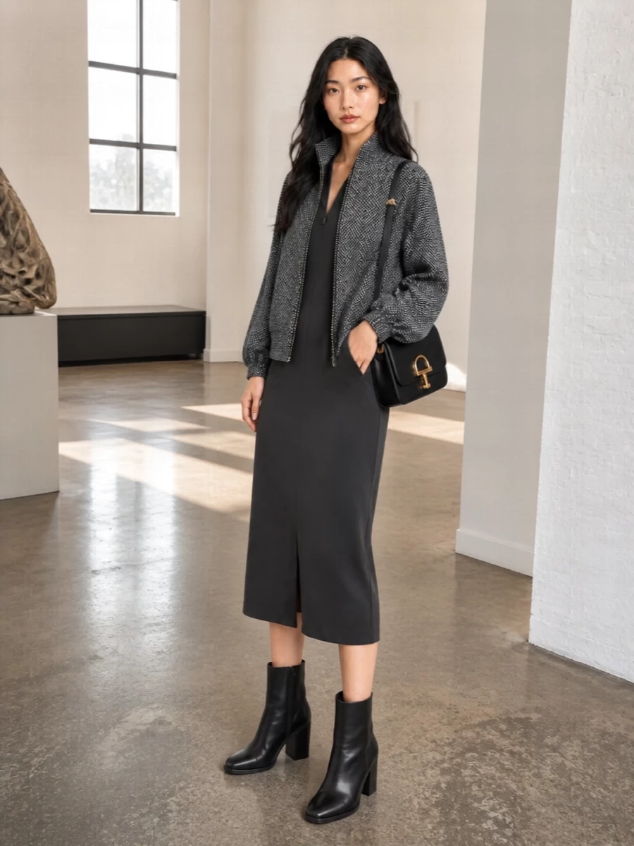 I am anchoring this around the dress rather than separate tailoring, because the fitted Armani midi gives the cleanest base under the relaxed blouson and keeps the mood firmly polished. The charcoal-on-charcoal story is intentional, with black accessories sharpening the tonal depth rather than introducing extra color. High-heeled ankle boots and a structured shoulder bag keep the silhouette long and composed, letting the jacket’s texture and volume be the main point of interest without tipping into severity.