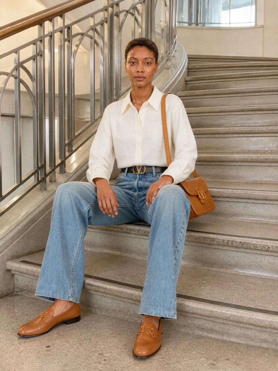 High-waist, sun-faded denim pairs with an ivory longline shirt for a clean, quietly polished take on relaxed tailoring. Tan loafers and a caramel shoulder bag pick up the jean’s leather detail, while a slim belt defines the waist and keeps the wide leg feeling intentional rather than casual. The result is an easy daytime ensemble that moves from coffee runs to informal meetings with low-key confidence.