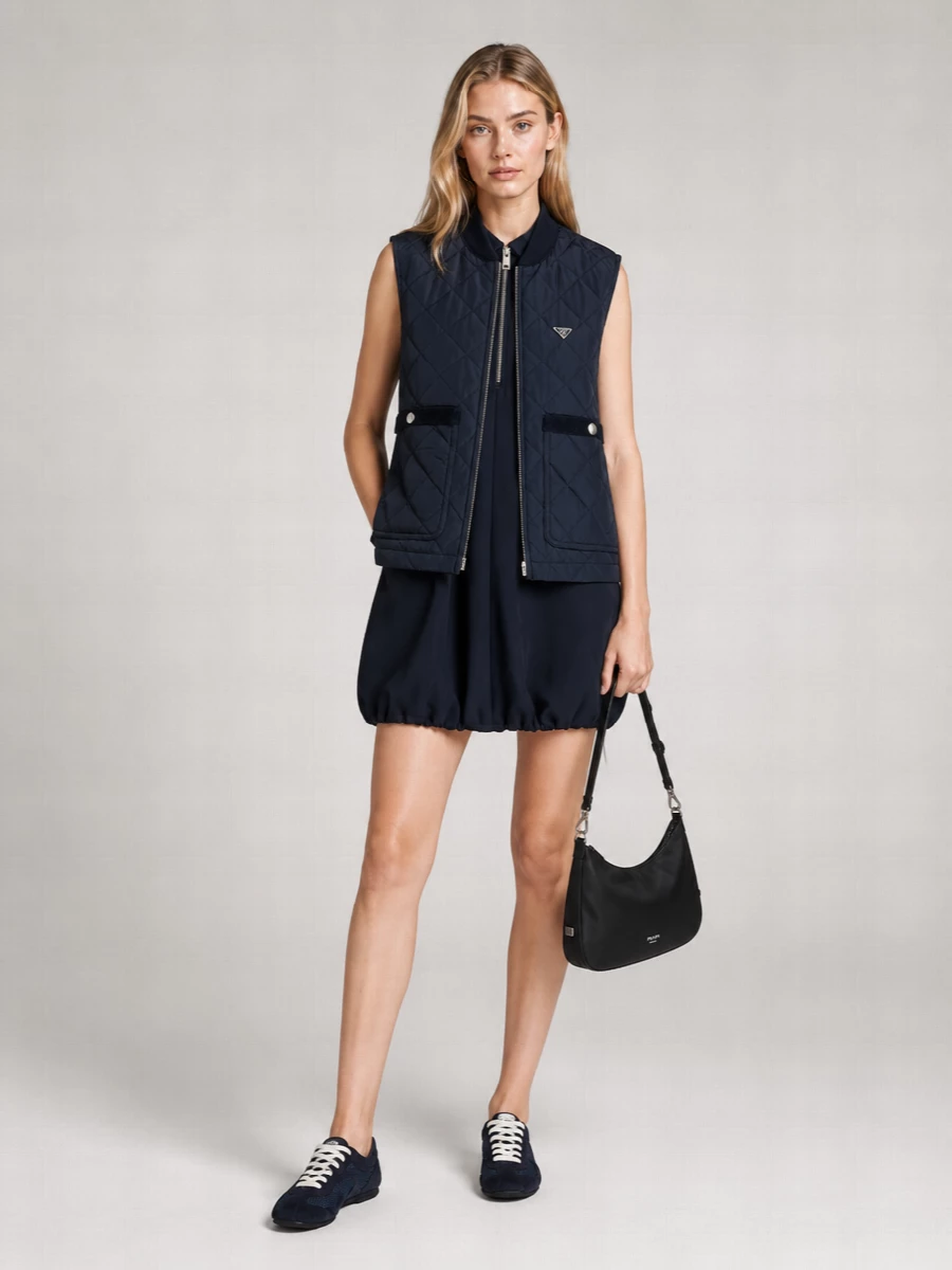 Prada Re Nylon Sleeveless Jacket Quilted Ribbed Collar