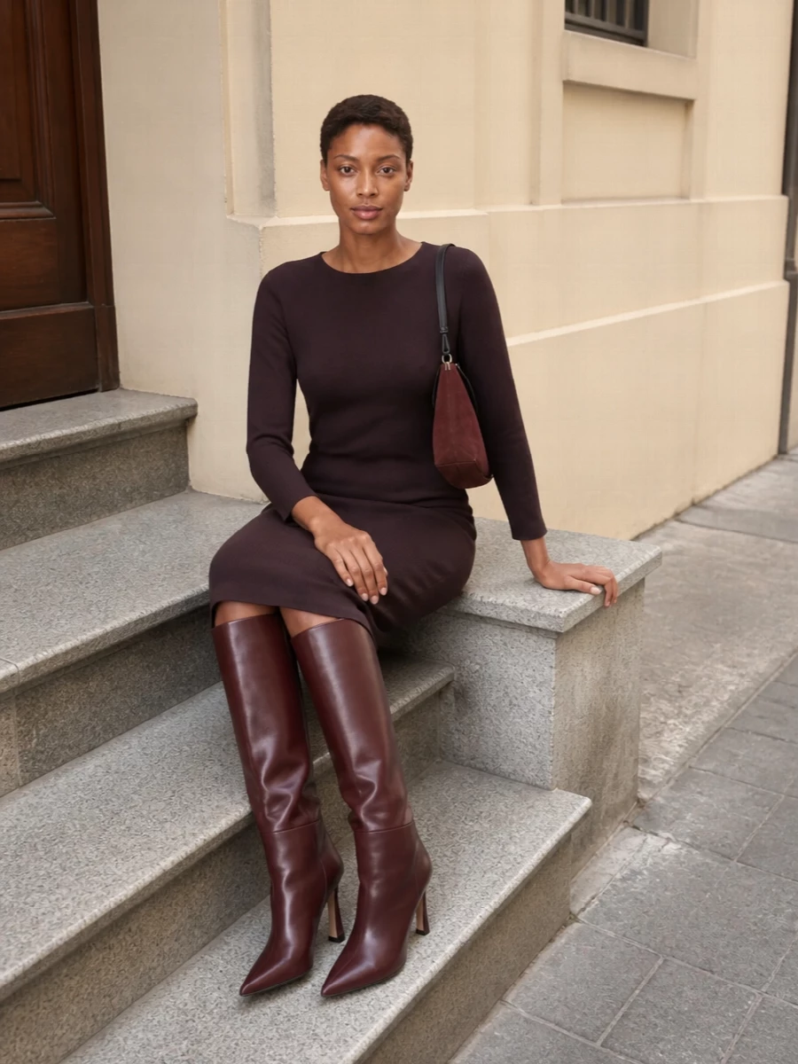 I chose the dress route to let the boots’ sculpted stiletto line play against a single, uninterrupted knit column. The Andamane chocolate midi and burgundy Stuart Weitzman boots create a warm, tonal foundation that reads modern and quietly confident. Wandler’s burgundy shoulder bag tucks in as the final note, picking up the boot colour and keeping the whole ensemble sleek, rich and dinner-ready without feeling over-styled.