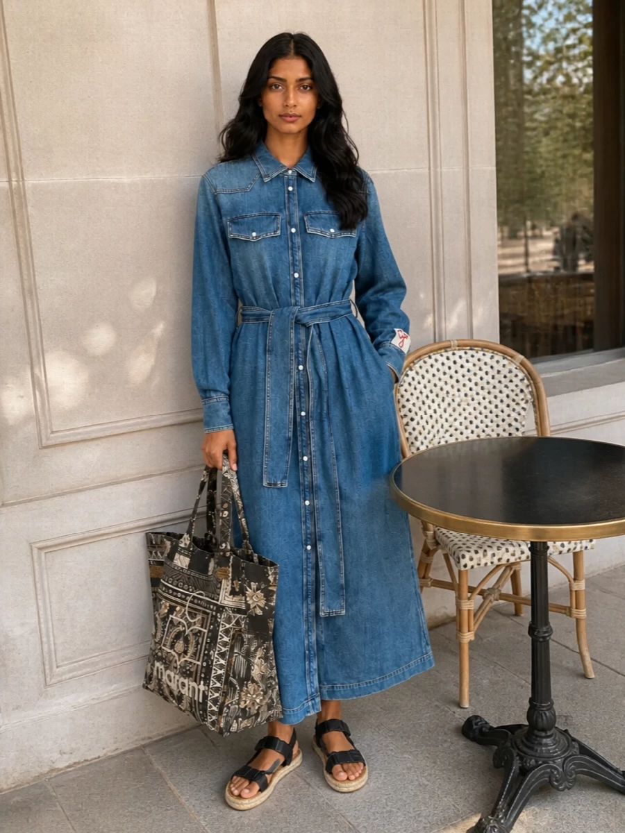 Golden Goose denim shirt dress with Isabel Marant tote