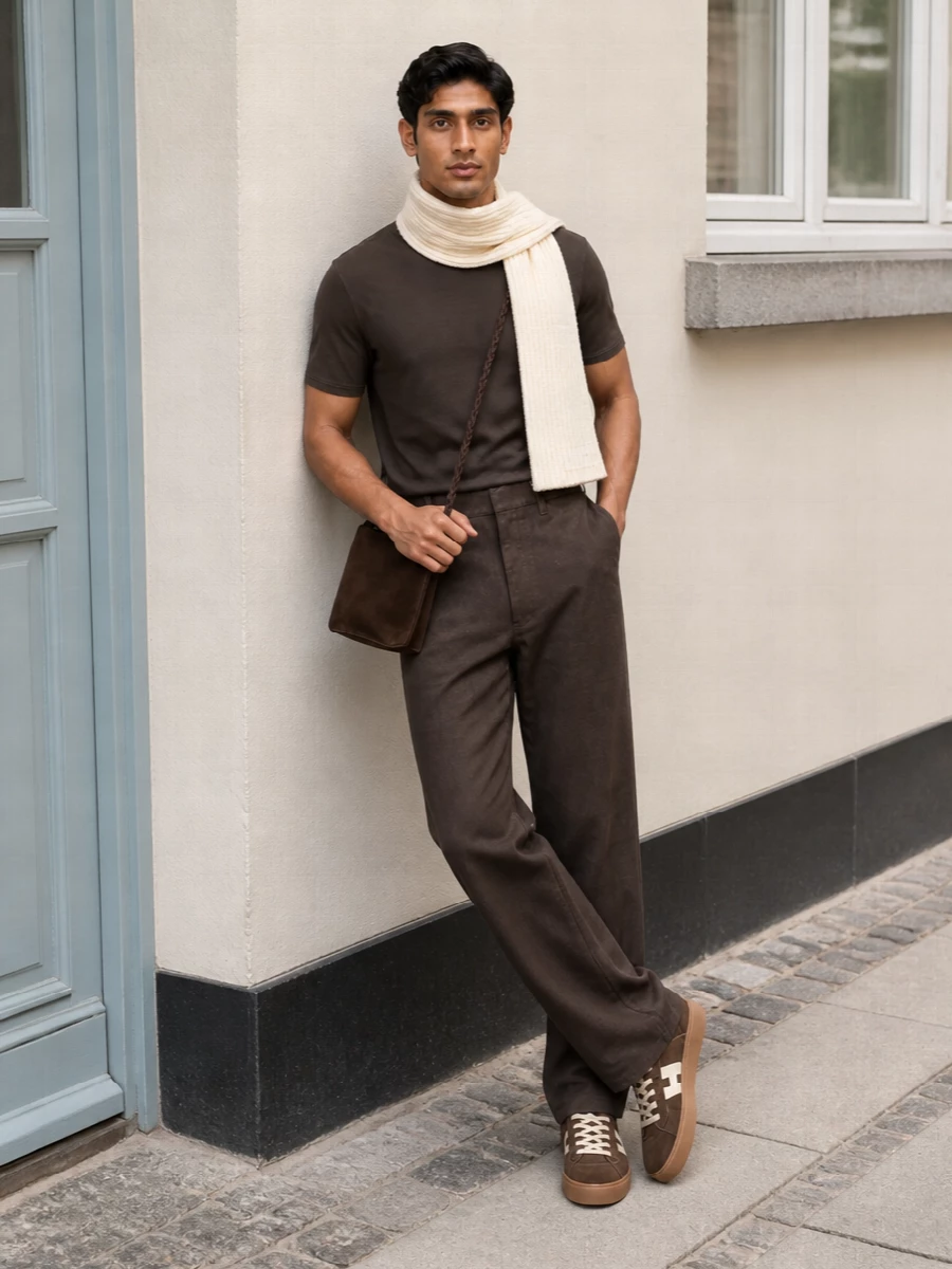 A deep chocolate column from tee to trouser creates a calm, uninterrupted line that feels quietly confident for city days. Tonal suede sneakers and a slim suede crossbody keep the mood relaxed yet precise, with a pale ribbed scarf introducing just a touch of light near the face. It is an easy uniform for casual offices, gallery afternoons or dinner in a neutral, modern space.