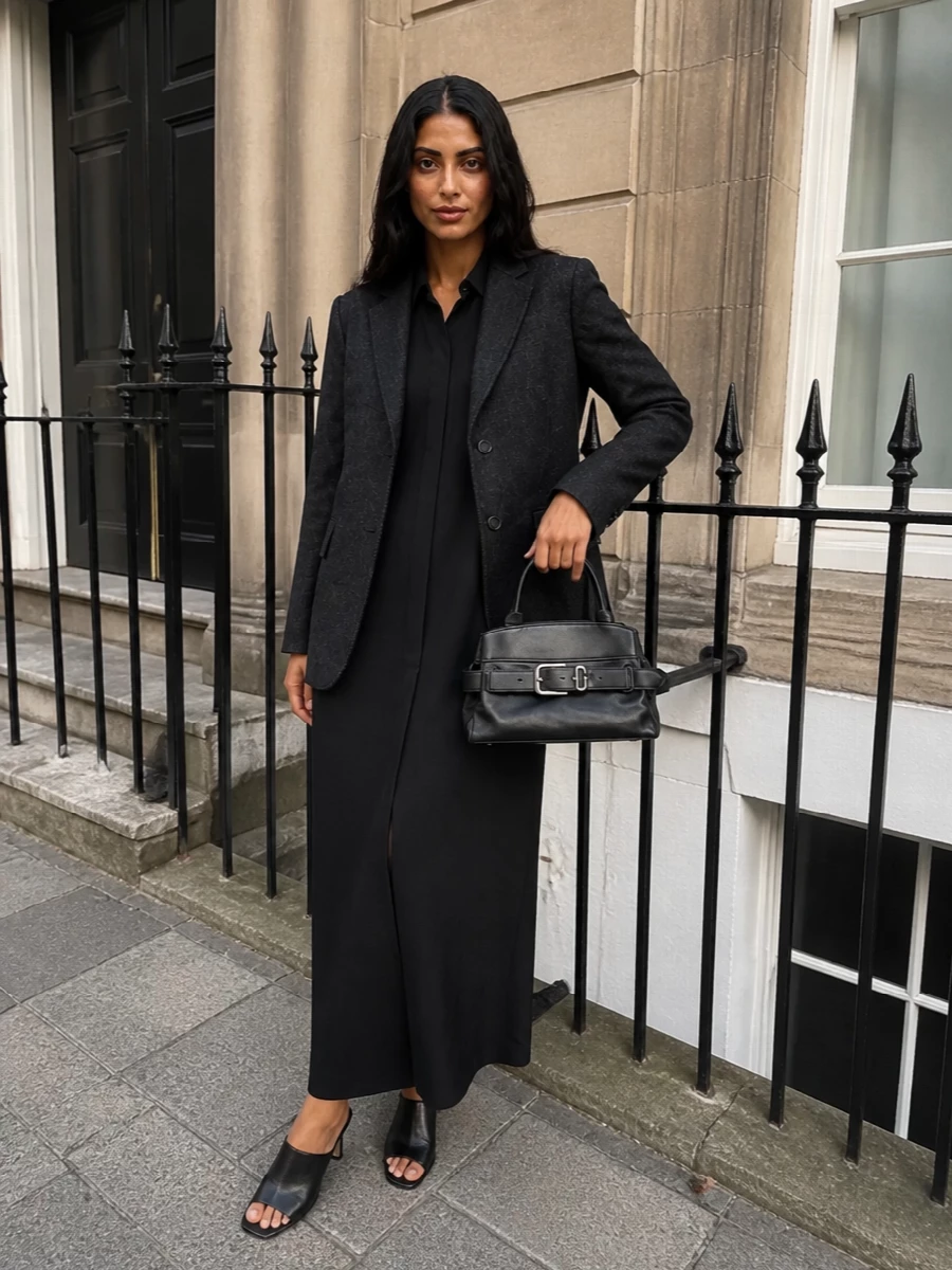 Max mara black shirt dress blazer outfit