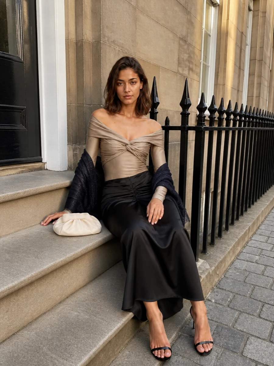 Andamane black satin maxi skirt evening outfit