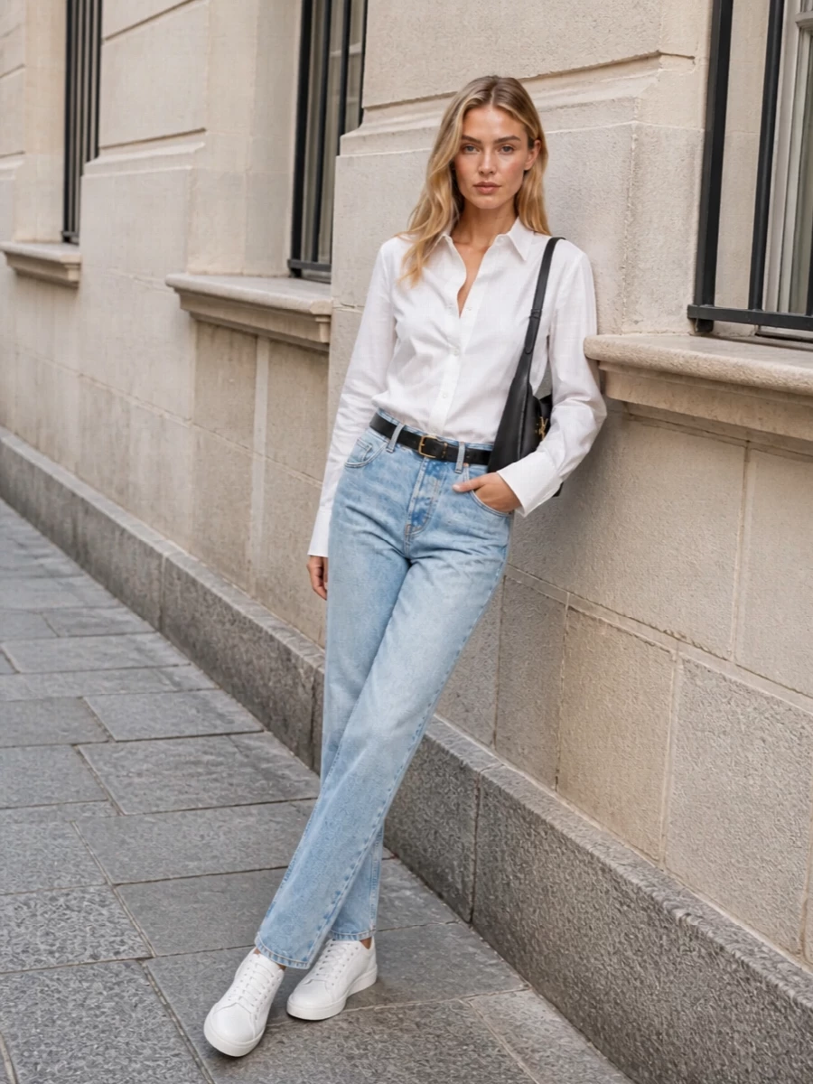 Light-wash straight Saint Laurent denim is paired with a sharply cut longline white shirt for that effortless, borrowed-from-him SS uniform. Clean white low-top sneakers keep the mood relaxed yet immaculate, while a structured black shoulder bag and slim black belt with gold accents add just enough polish to read modern, minimal and distinctly Parisian.