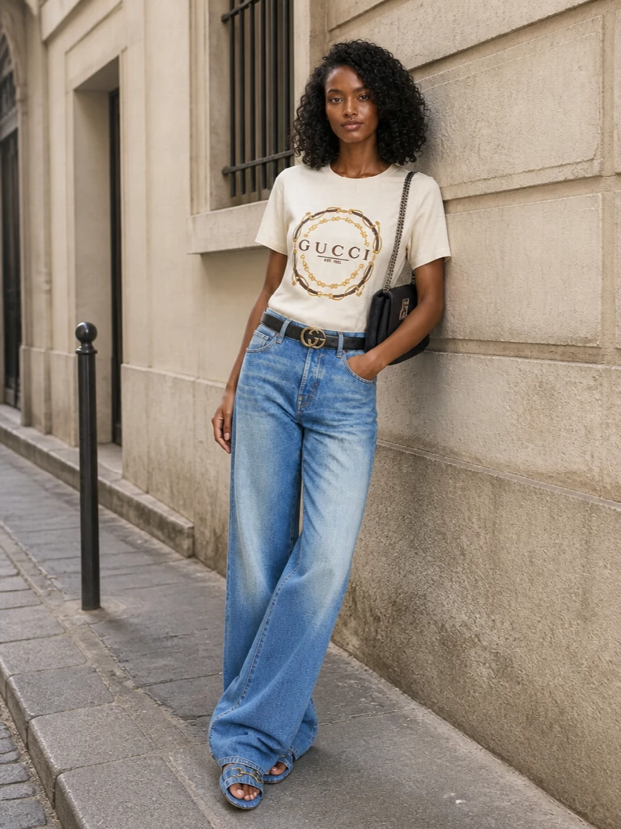 Gucci wide leg jeans ivory crest tee outfit