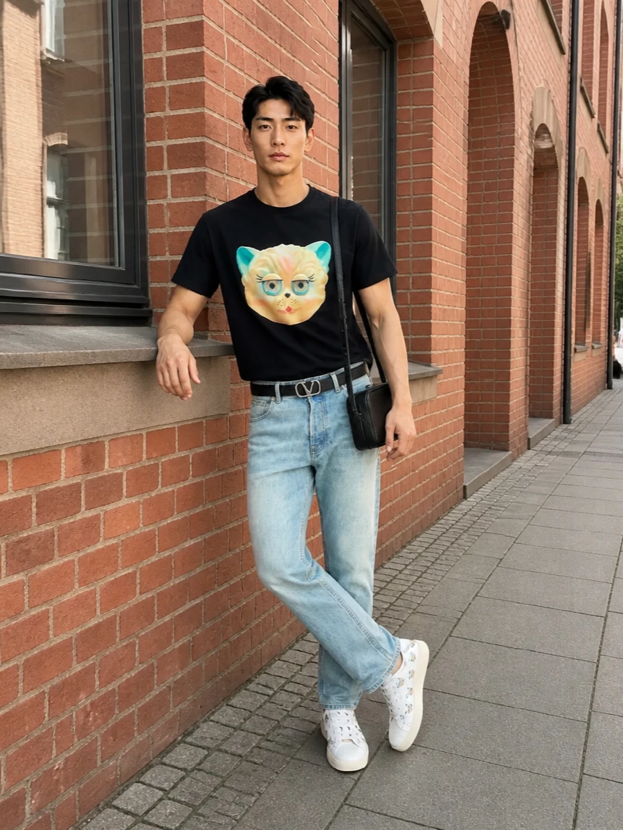 Valentino graphic cat t shirt light wash jeans