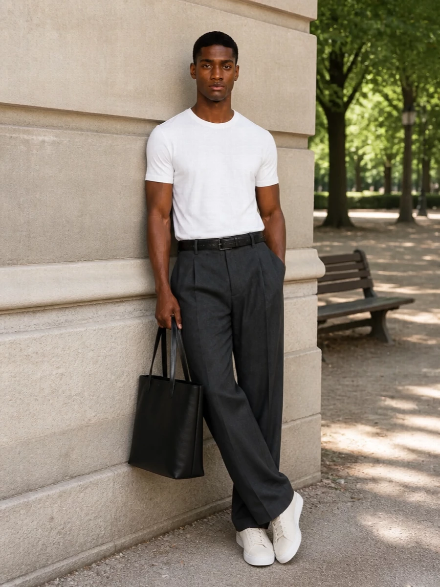 Lardini white tee charcoal pleated trousers
