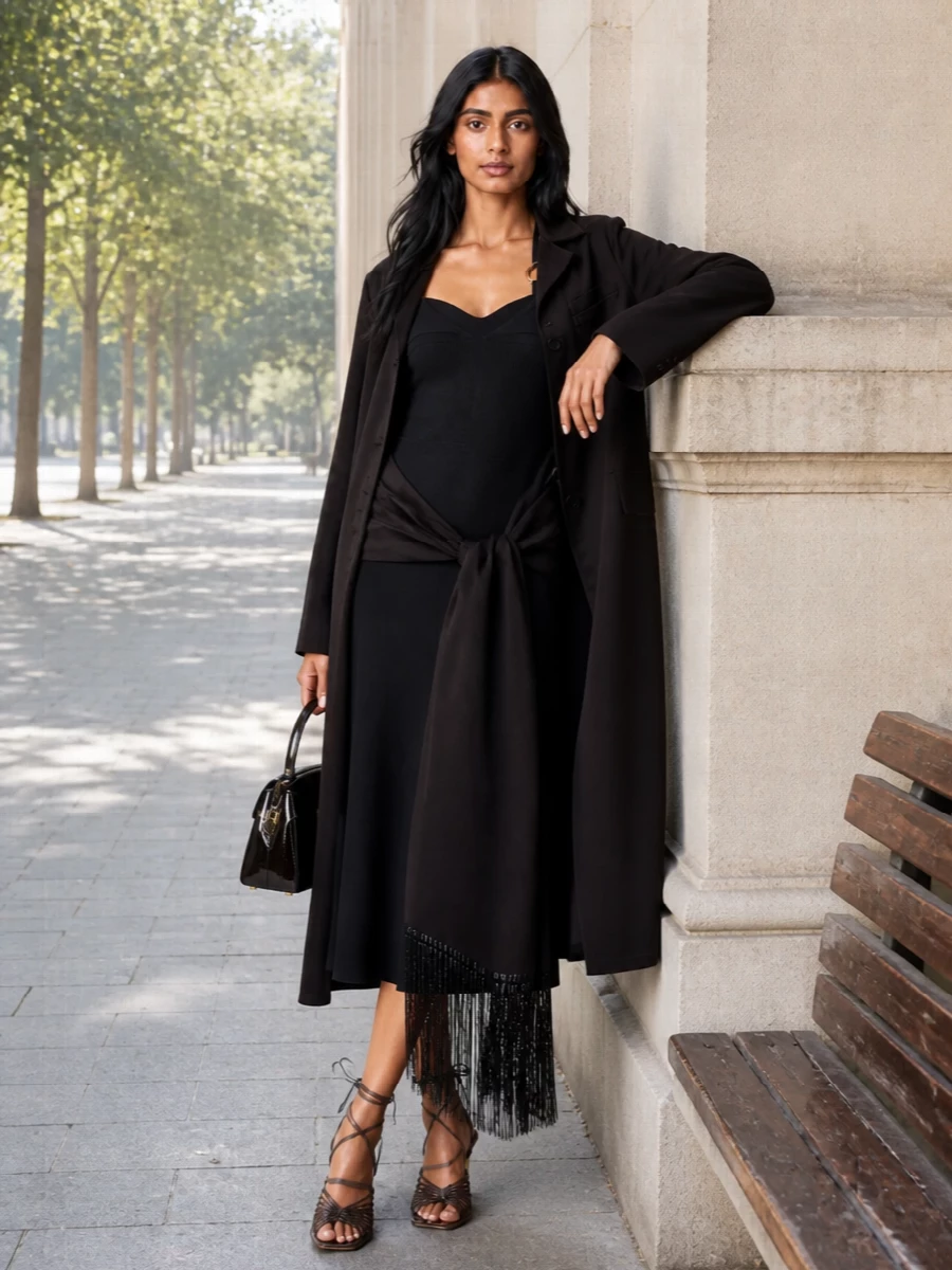 I am styling this as a dress-based evening ensemble rather than top and trouser, because the coat already delivers strong tailoring and drama, and a fluid black midi underneath keeps the silhouette long and uninterrupted. The off-shoulder knit dress, espresso strappy sandals and structured patent top-handle create a quietly opulent column of brown and black, with gold hardware that speaks directly to the coat’s jewelled fringe. It feels like a modern cocktail uniform for warm nights when you want movement, polish and a consistent designer language from head to toe.