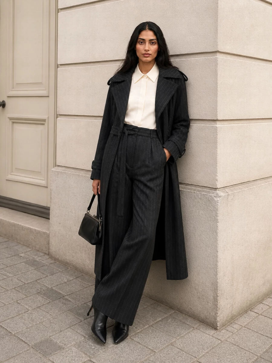 I’m building this look around the coat as a modern power-suiting column, so I chose the matching pinstripe wide-leg trouser over any dress option for a deliberately elongated, tailored statement. The soft cream shirt lifts the charcoal-on-charcoal tailoring, while the razor-sharp black stiletto ankle boots and framed mini bag keep everything precise, urban and quietly luxurious for FW city evenings. The result is a strong, architectural silhouette that feels assured rather than shouty, exactly in step with the Sportmax trench’s mood.