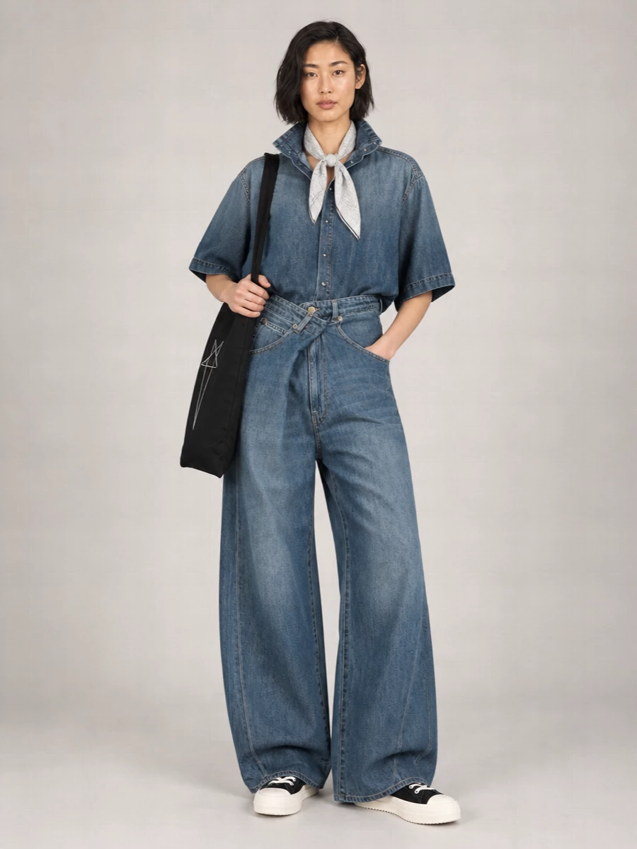 Relaxed indigo on indigo keeps the focus on proportion, with the high-rise ultra-wide leg echoing the shirt’s boxy drape for a strong, studio-inflected denim set. Graphic black-and-cream sneakers and a pared-back tote pull the palette darker, sharpening the casual mood without losing ease. A slight hit of Margiela print at the neck or bag adds an art-school attitude that feels aligned, not fussy.