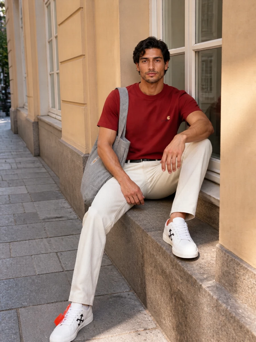 Brick red and buttercream keep this grounded in Carhartt workwear, but the proportions stay clean and easy rather than heavy. Off-white sneakers and a striped tote pull the palette toward modern streetwear, while a slim black belt quietly sharpens the waistline. It is an everyday uniform that reads relaxed but intentional from coffee runs to city afternoons.