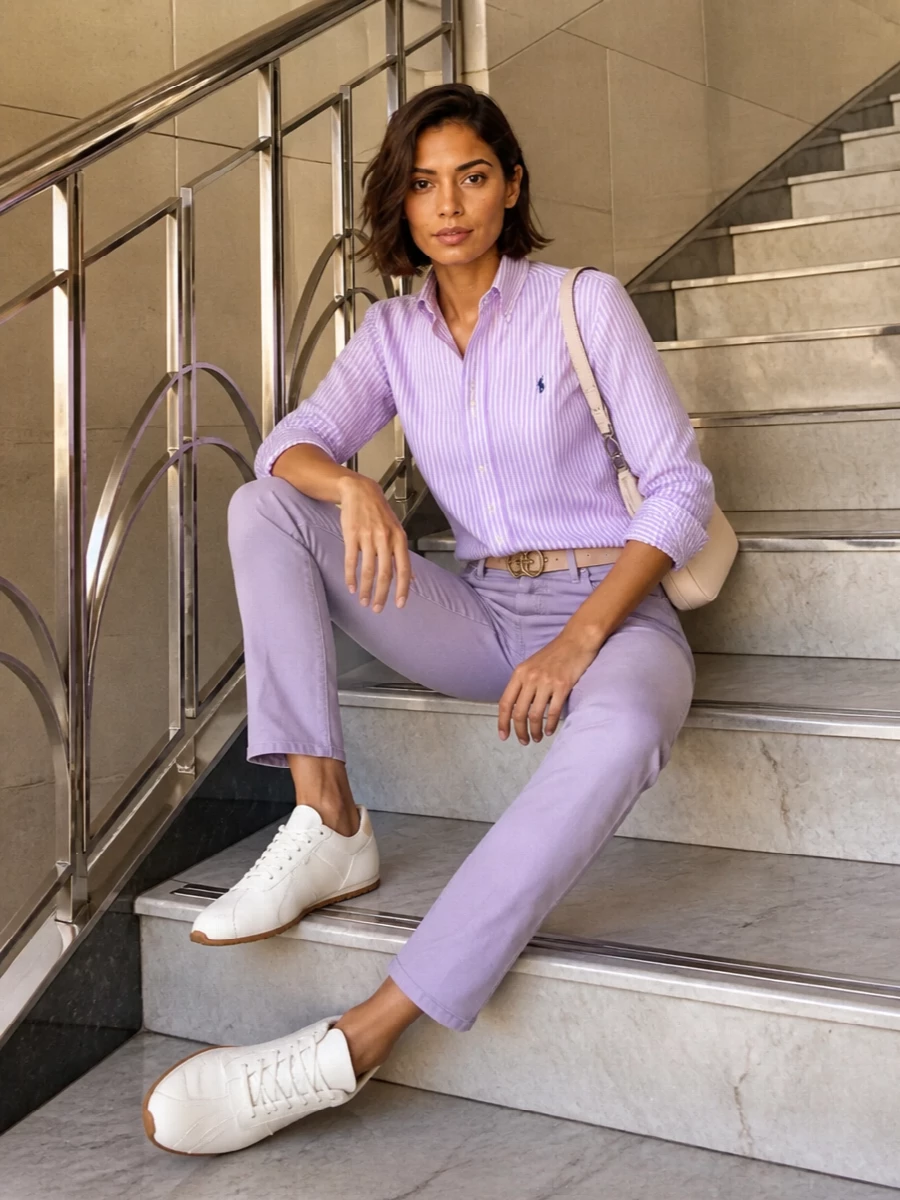Soft lilac denim paired with a striped Ralph Lauren shirt creates a clean, tonal take on preppy dressing that still feels relaxed. Off-white and blush runners keep it grounded and practical, while a cream shoulder bag and nude belt add just enough structure for city errands or casual office days. The result is a quietly coordinated column of pastels that reads intentional without trying too hard.