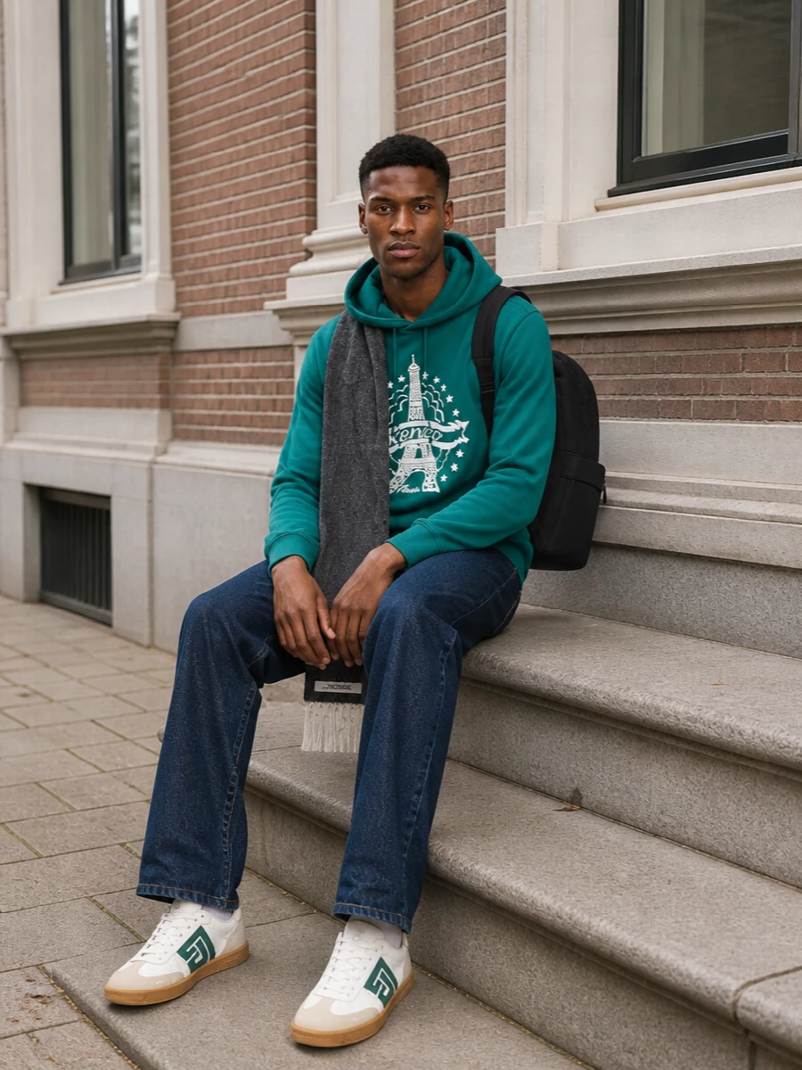 Kenzo teal hoodie dark denim sneaker outfit