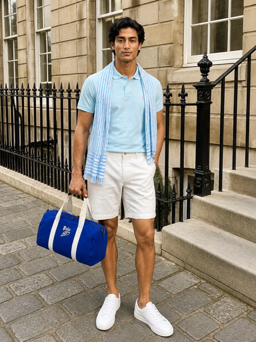 An ice-blue polo with ivory chinos sets a crisp, coastal preppy base that feels relaxed but still ready for terraces and city strolls. White court sneakers keep the lines clean, while the royal-blue duffle and striped scarf nudge it into quietly collegiate, weekend-in-the-Hamptons territory. The result is light, sporty and polished enough for everything from brunch to a casual evening drink.