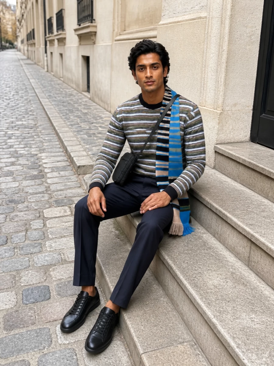 Marni striped tee navy trousers black sneakers
