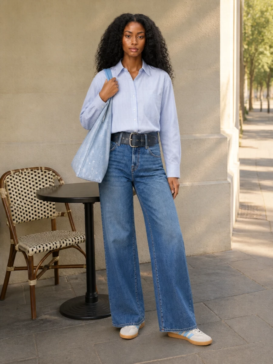 A mid-indigo wide leg is paired with a pale blue striped boxy shirt for a clean, relaxed take on denim and shirting. A sculpting indigo belt and powder-blue-accented retro sneakers keep the lines sharp but easy, while the oversized faded-denim tote brings a quiet Margiela twist. The result is a laid-back city uniform that feels polished enough for daytime plans without losing its streetwear ease.
