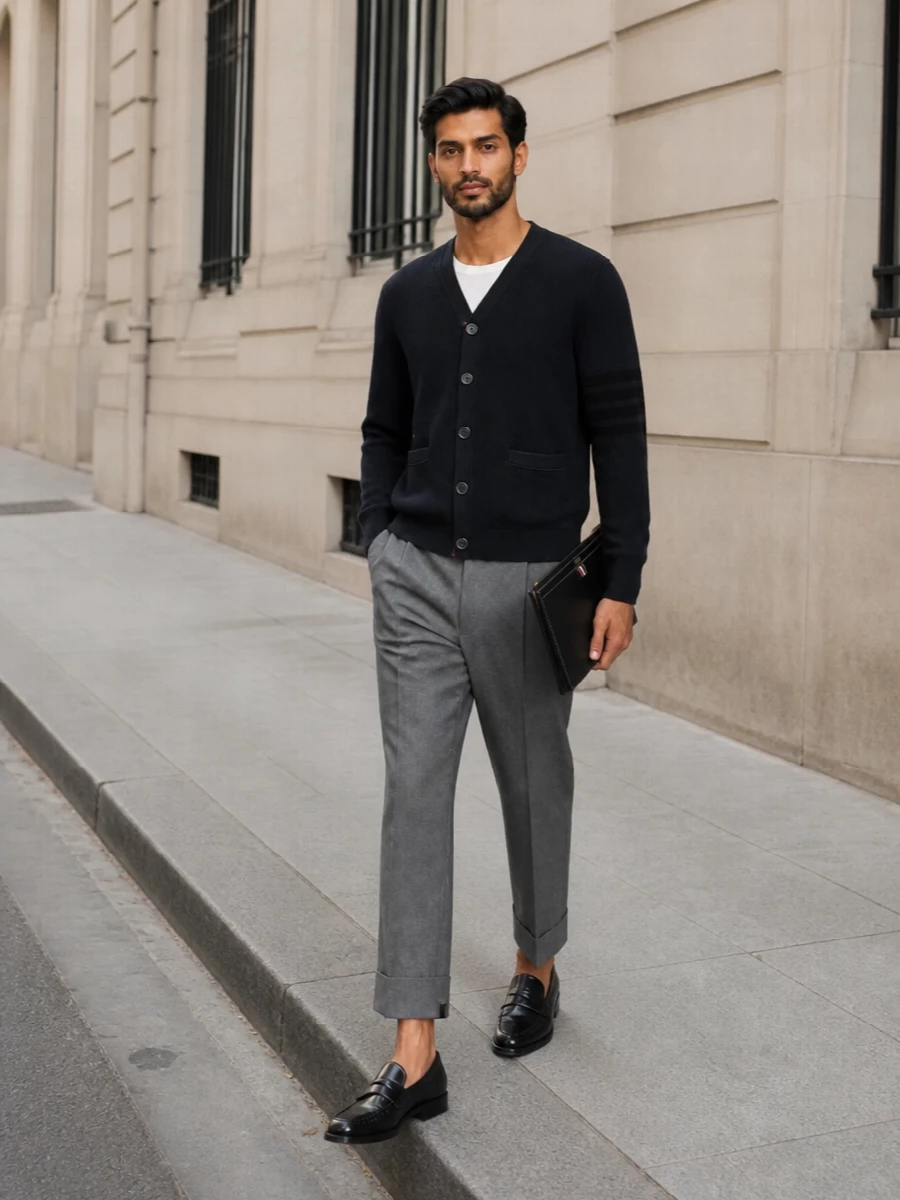 Navy cardigan grey cuffed trousers outfit