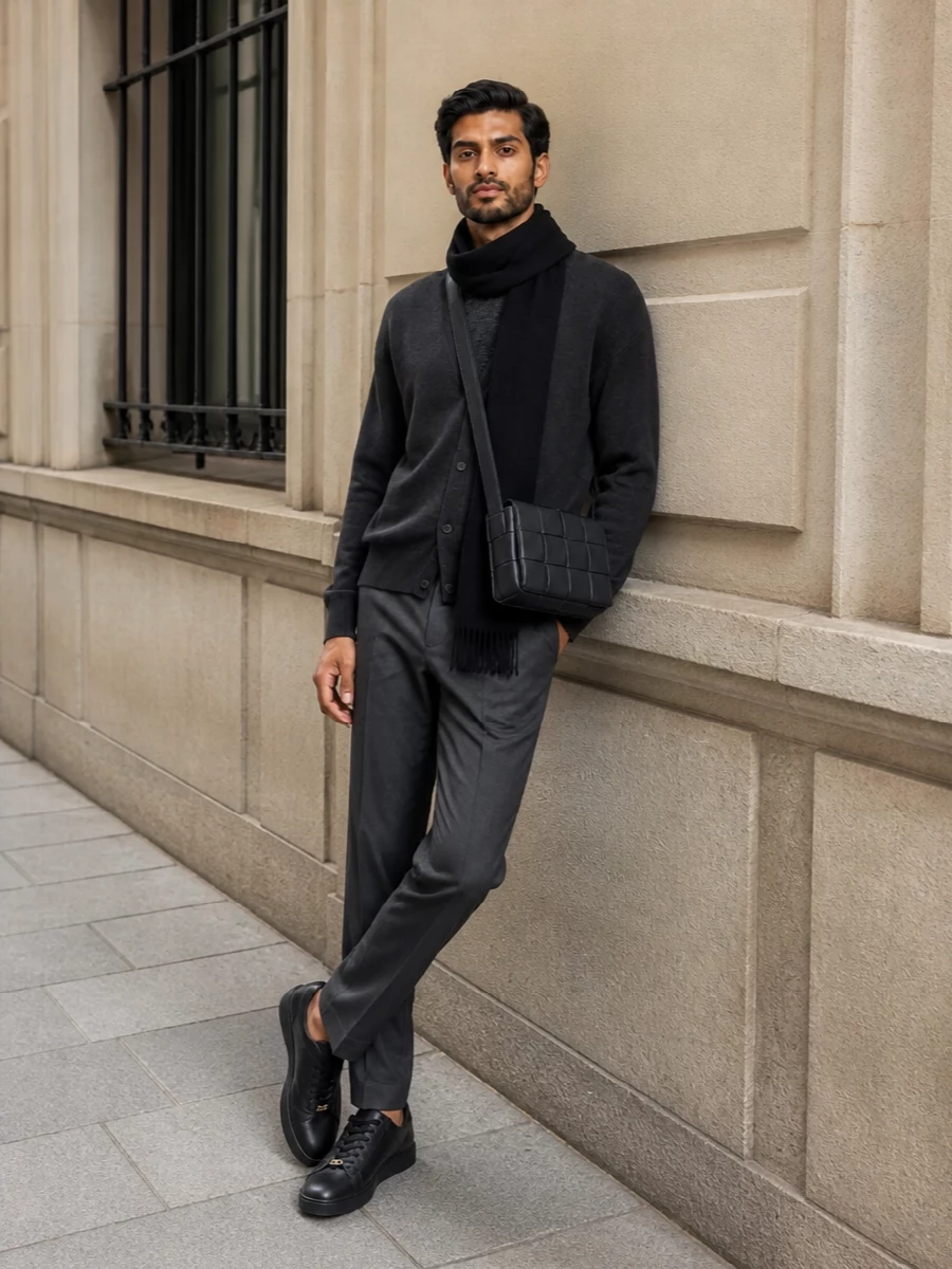 The Row’s charcoal V‑neck cardigan sits over sharp Gucci charcoal trousers, creating a long, disciplined line that still feels relaxed. Black Valentino sneakers and a structured black Bottega crossbody keep the mood quietly luxurious yet modern, while the slim Saint Laurent scarf adds a final, almost architectural refinement in pure black. It’s an urbane FW uniform that moves effortlessly from day to evening without ever feeling overdone.