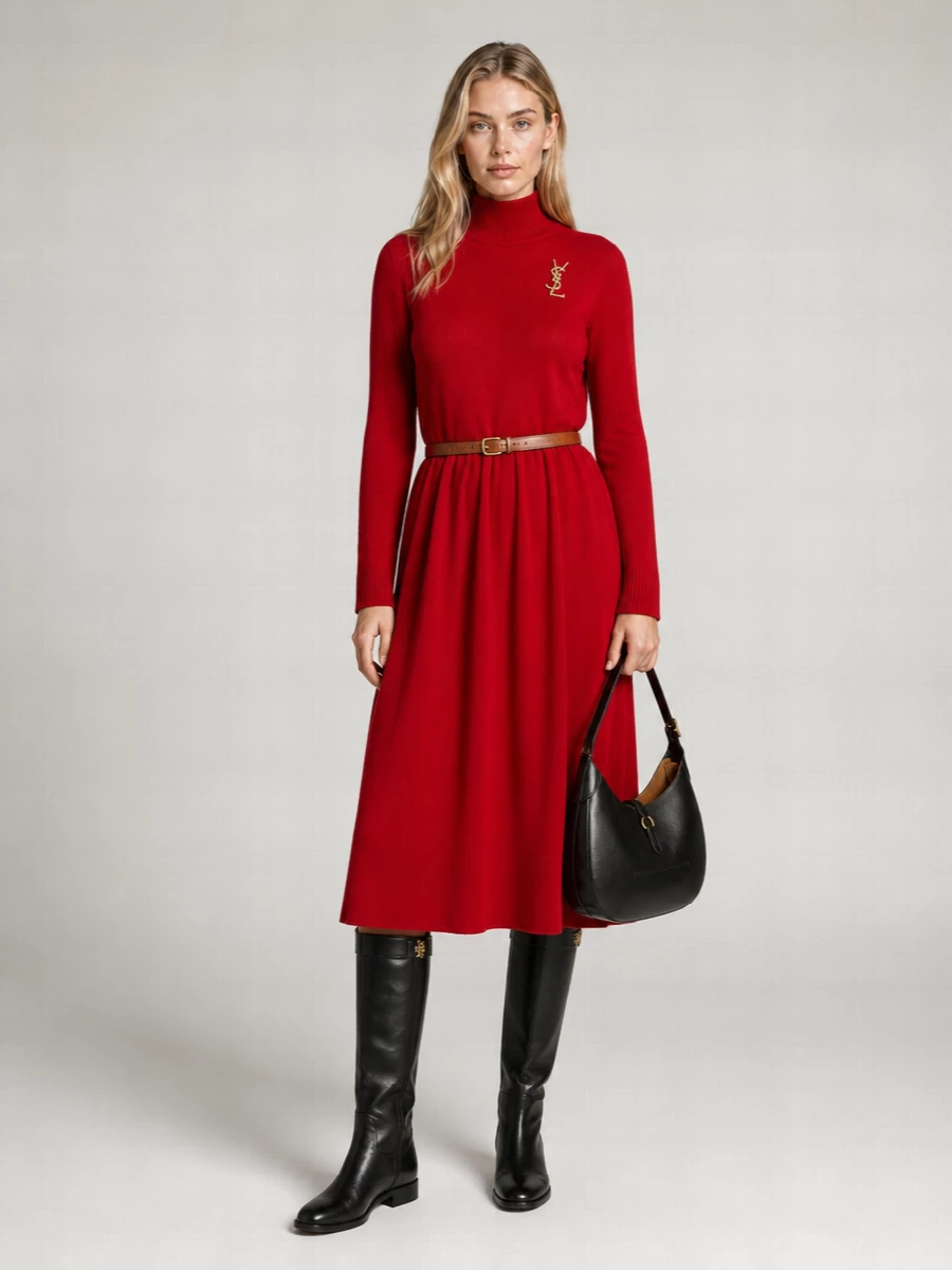 Polo Ralph Lauren Wool Ribbed Turtleneck Long-Sleeve Flared Maxi Dress