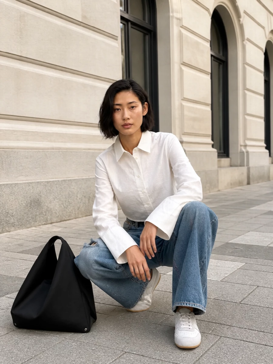 Washed wide-leg denim meets a sharp cropped ivory shirt for a slouched-but-considered Margiela uniform. A slim black belt and sculptural black tote frame the waist and add clean graphic contrast, while soft white low-top sneakers keep the volume feeling easy and editorial rather than heavy.