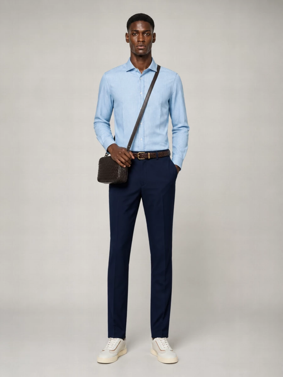Brunello Cucinelli Long Sleeve Denim Shirt With Curved Hem