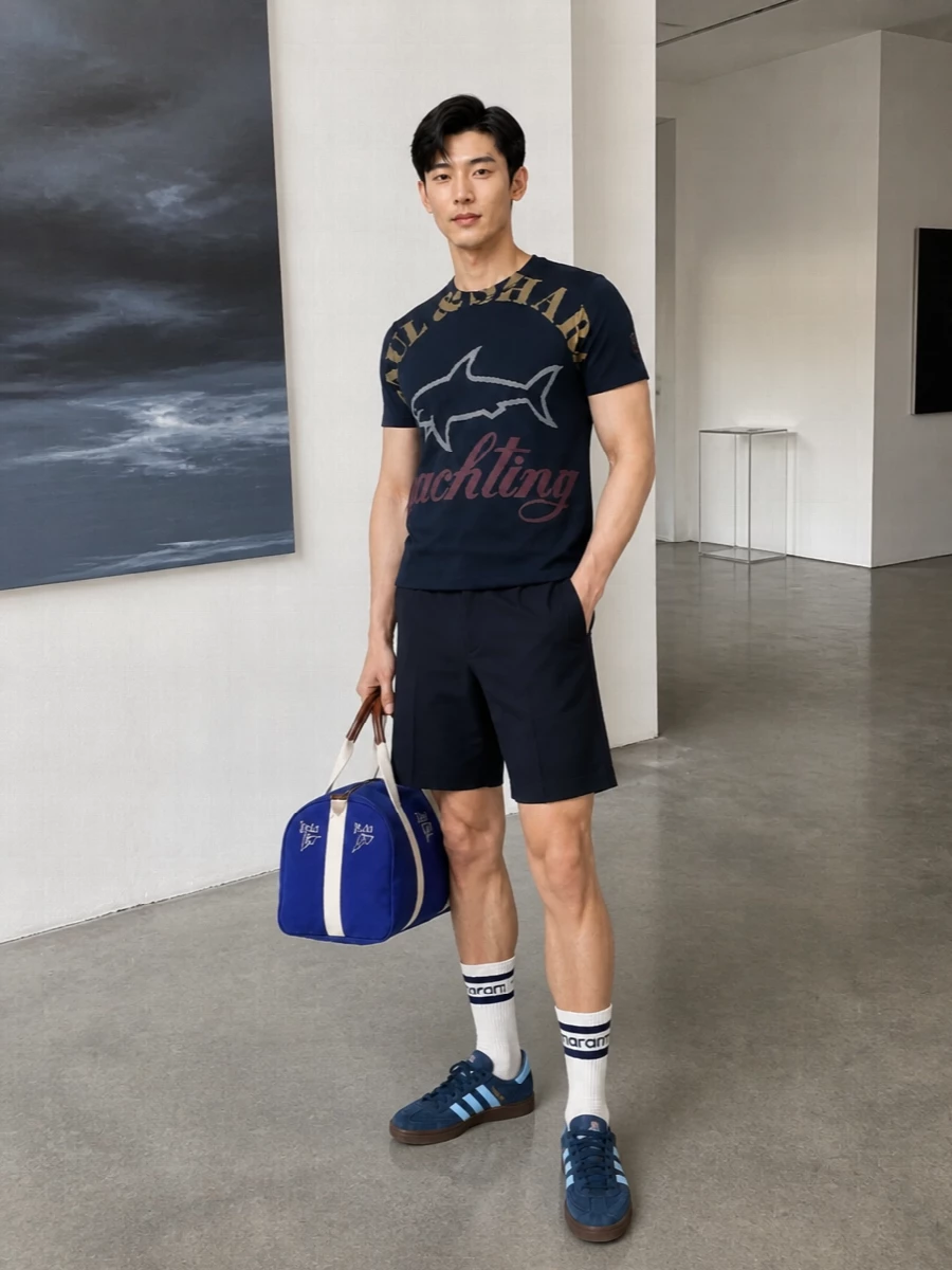 A bold Paul & Shark graphic tee is grounded with sharp navy tailored shorts for a clean, yacht-club take on off-duty dressing. Navy terrace trainers and striped sport socks keep the mood relaxed and athletic, while a royal-blue duffle leans into the weekend-on-the-water energy. The result is easy, coordinated summer style that moves smoothly from marina strolls to city afternoons.