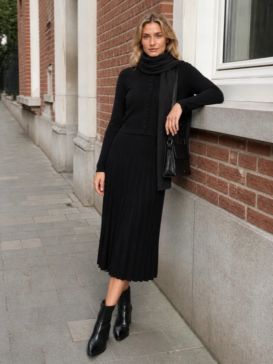 Lisa yang black cardigan pleated midi skirt