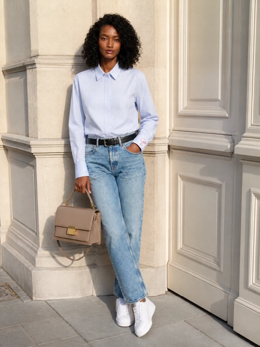 Golden goose striped shirt jeans white sneakers