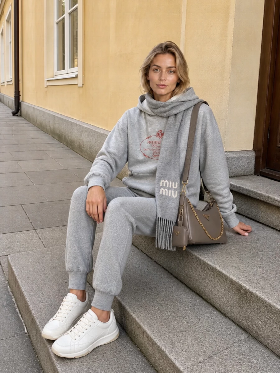A tonal grey story keeps this Prada hoodie grounded in quiet comfort, paired with matching cashmere-soft joggers for a cohesive, off-duty set. Clean off-white sneakers and a structured grey shoulder bag sharpen the mood just enough for airport lounges or city errands. A brushed grey scarf adds cocooning texture without disturbing the calm, minimal palette.