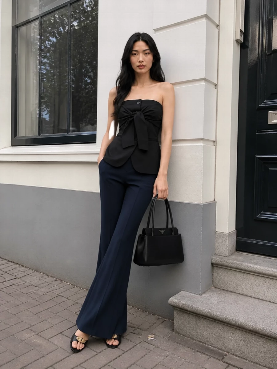 Max mara tux style navy flared pants outfit
