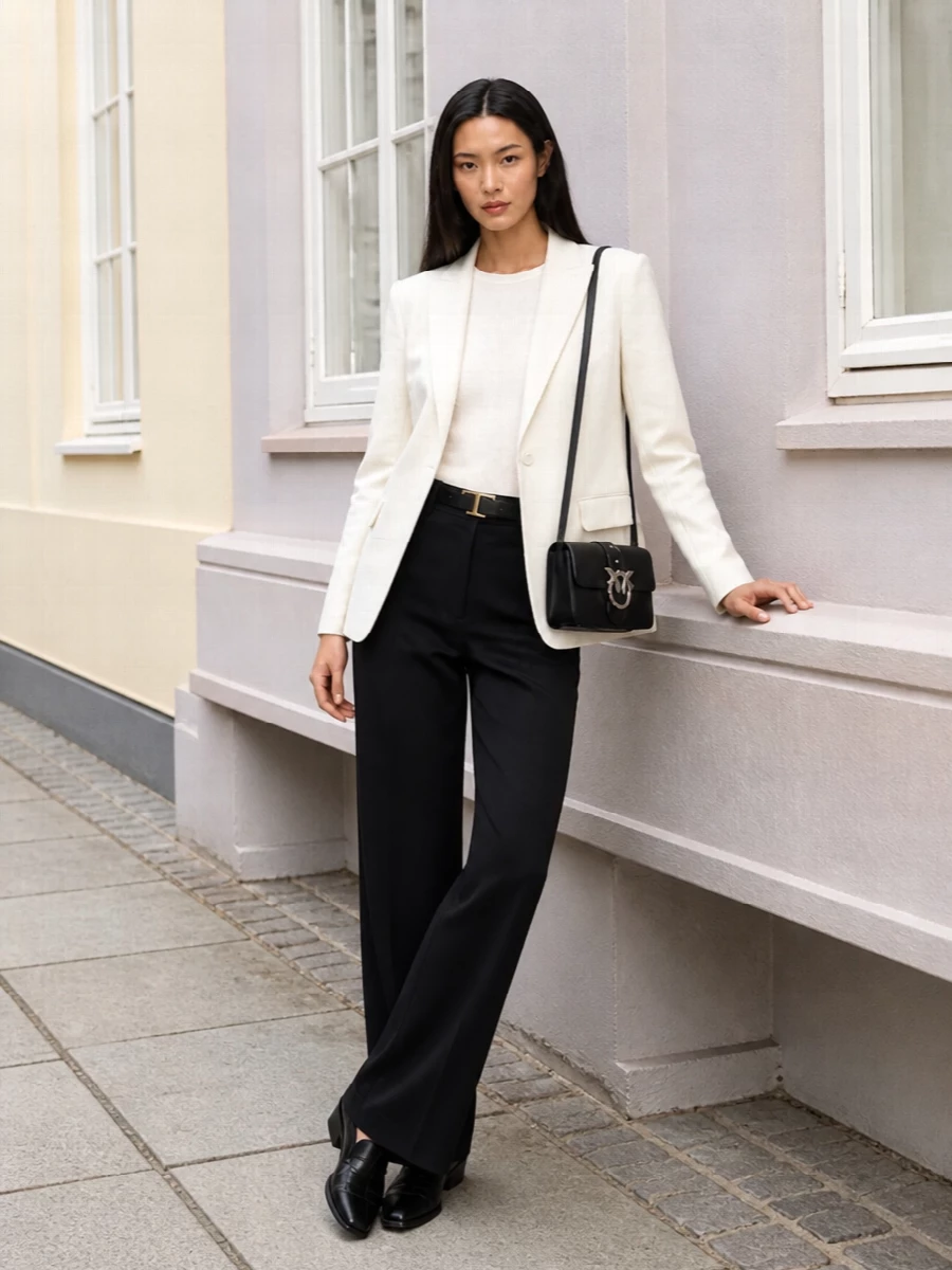 Pinko ivory blazer black wide leg trousers