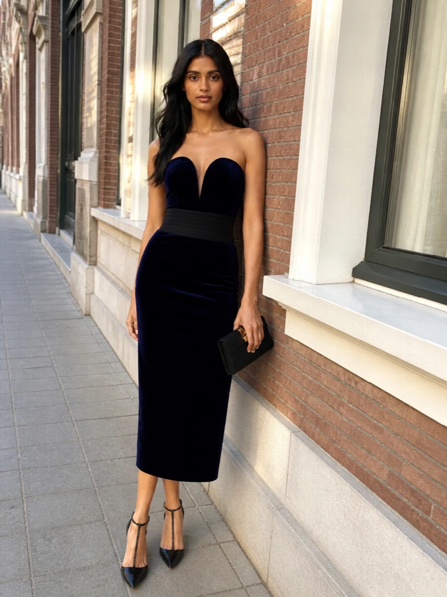 Tom ford velvet strapless midi dress outfit