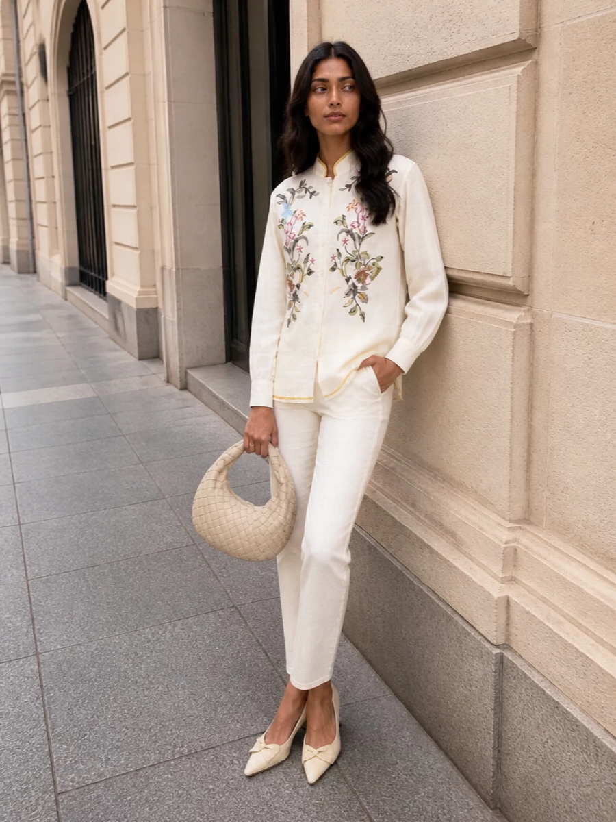 Valentino embroidered shirt ivory trousers outfit