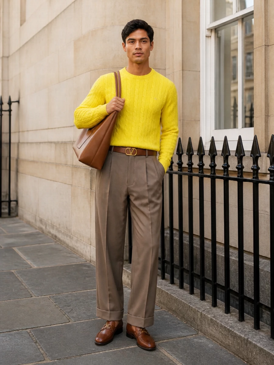 Valentino yellow cable knit camel wide leg trouser