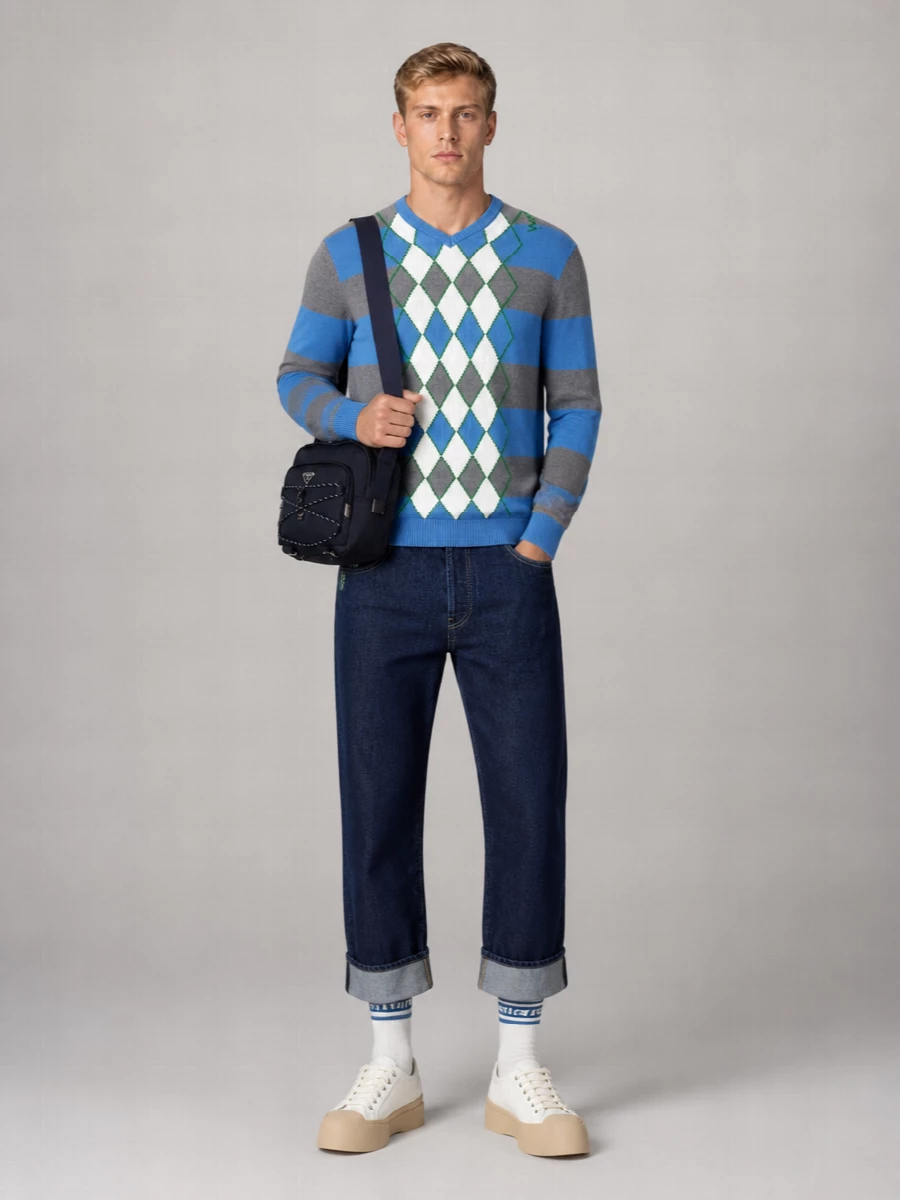Marni Cotton V-Neck Striped Argyle Jumper