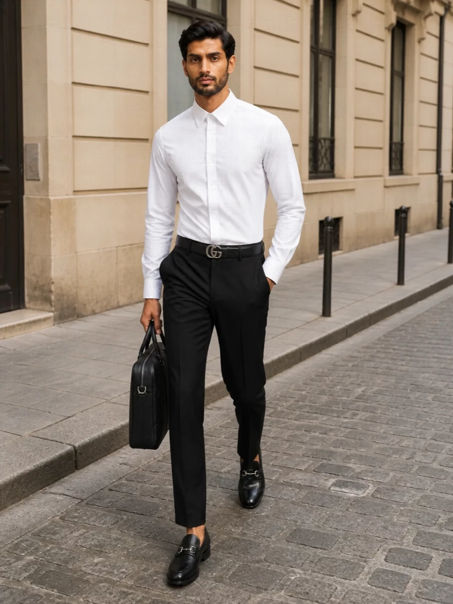 Gucci black trousers white shirt loafers outfit
