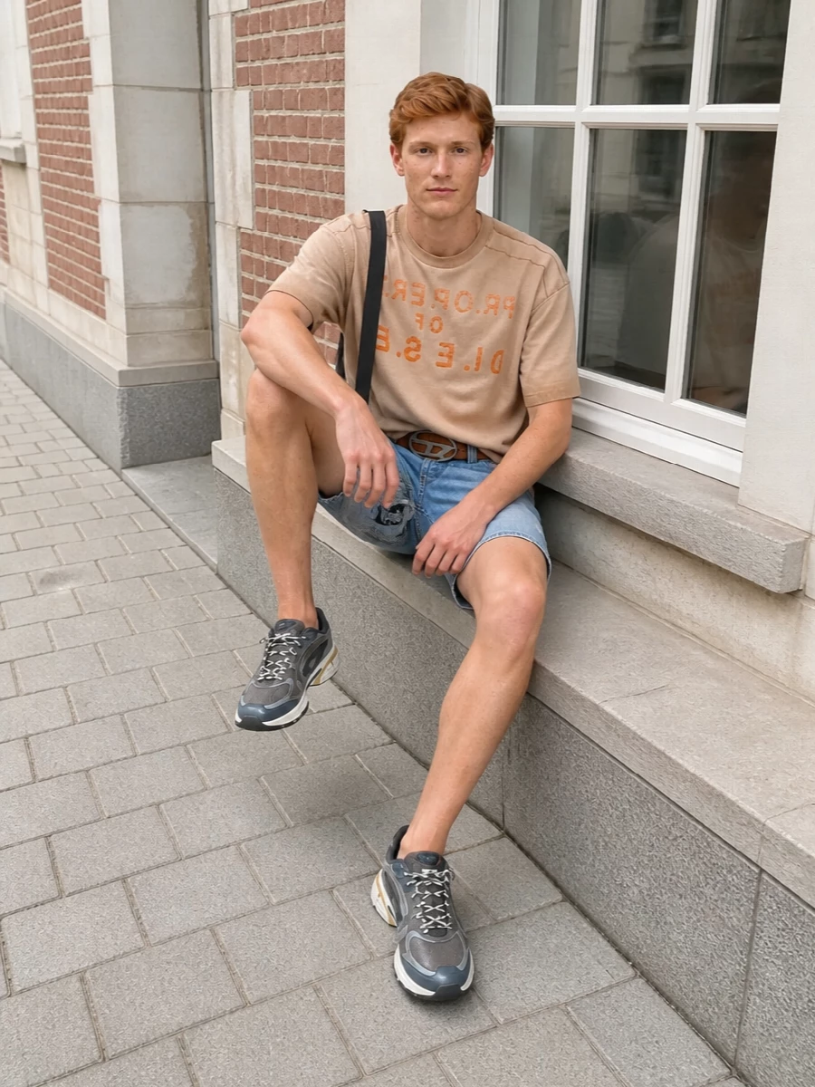 Diesel denim shorts sand tee grey sneakers