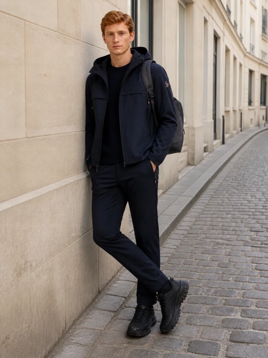 This outfit is a tightly edited, monochrome Moncler Grenoble story built around the deep-navy GORE-TEX shell, with a tonal knit and technical track pant creating a sleek, performance-ready column. Chunky black trail sneakers and a charcoal Givenchy backpack underline the alpine-utility character while keeping the overall feel modern, urban and quietly luxurious for SS transitions.