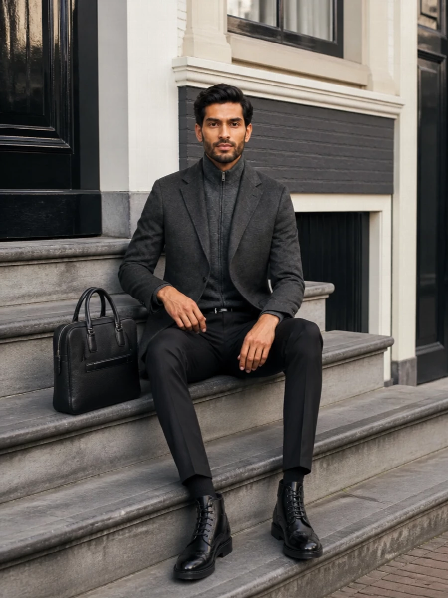 Zegna charcoal jacket slim trousers boots