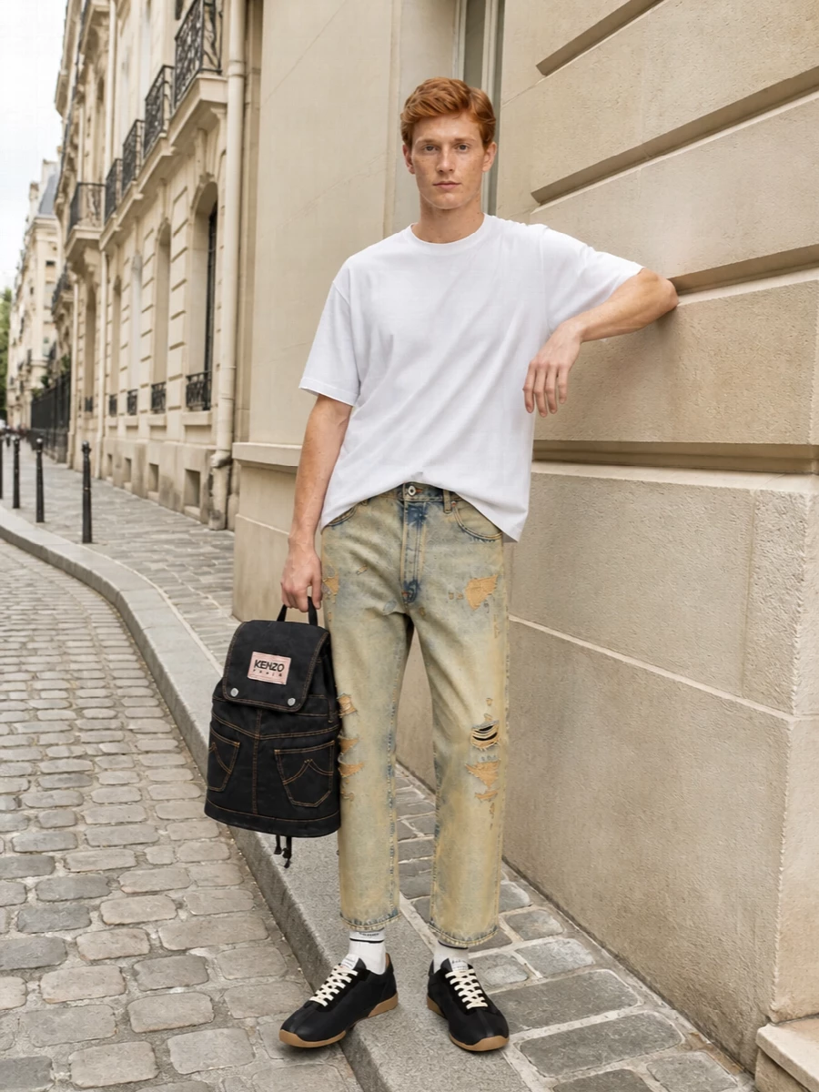Sun-faded distressed denim is pared back with a clean white Kenzo tee for a laid-back, grit-meets-minimal streetwear mix. Retro-influenced black and gum sneakers and a rigid denim backpack keep the palette tight around sand, off-white and dark indigo for an easy, graphic city uniform. Subtle logo hits across the pieces keep it designer without shouting, letting the jeans carry the attitude.
