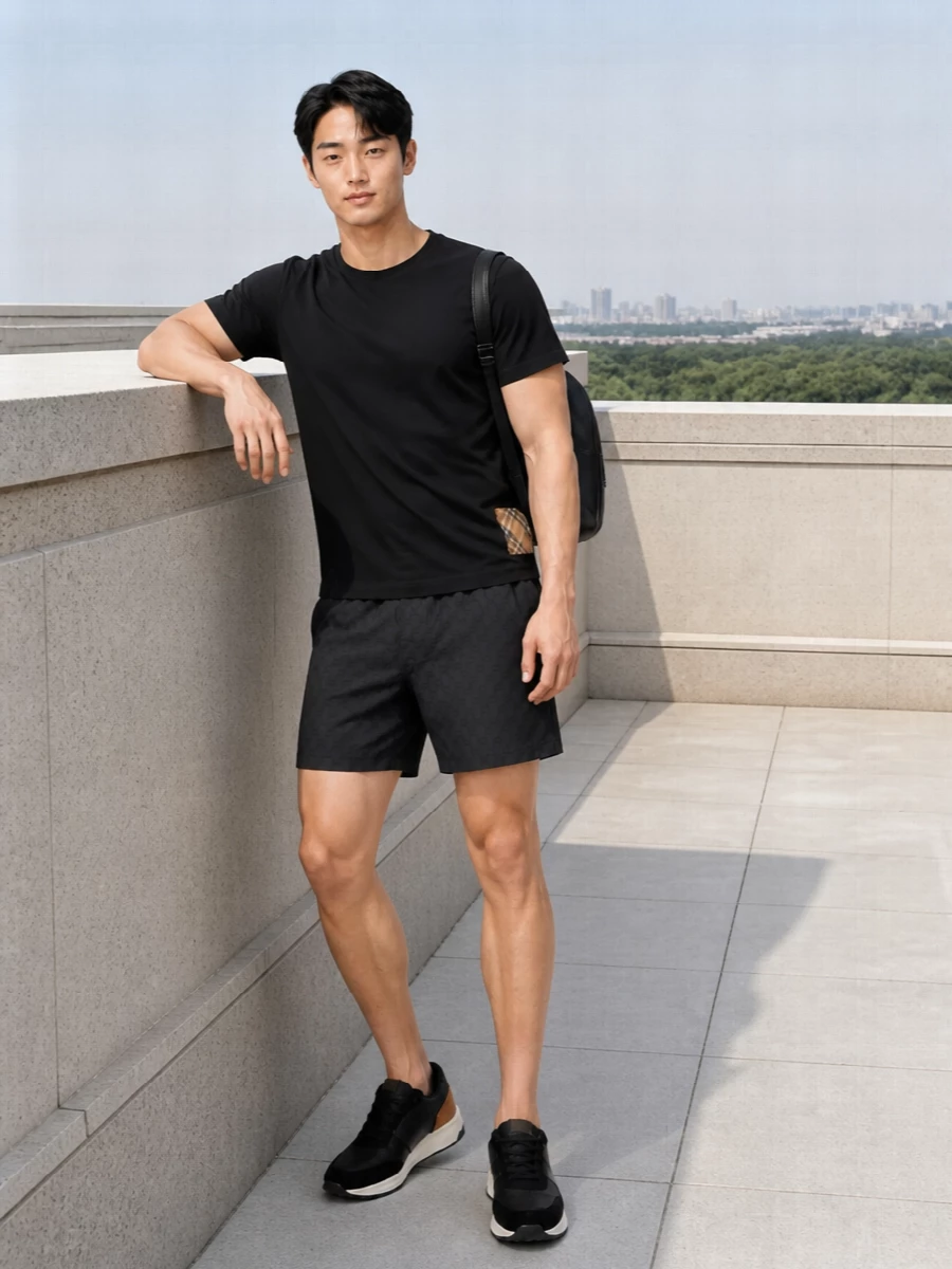 Charcoal Gucci shorts stay clean and understated against the black Burberry tee, keeping all the branding low-key and graphic. Tod’s runners sharpen the mood from pool-only to city-ready, and the Montblanc backpack adds a functional, minimal layer that still feels high-tier. The result is a dark, streamlined take on sporty casual for travel days or relaxed urban weekends.