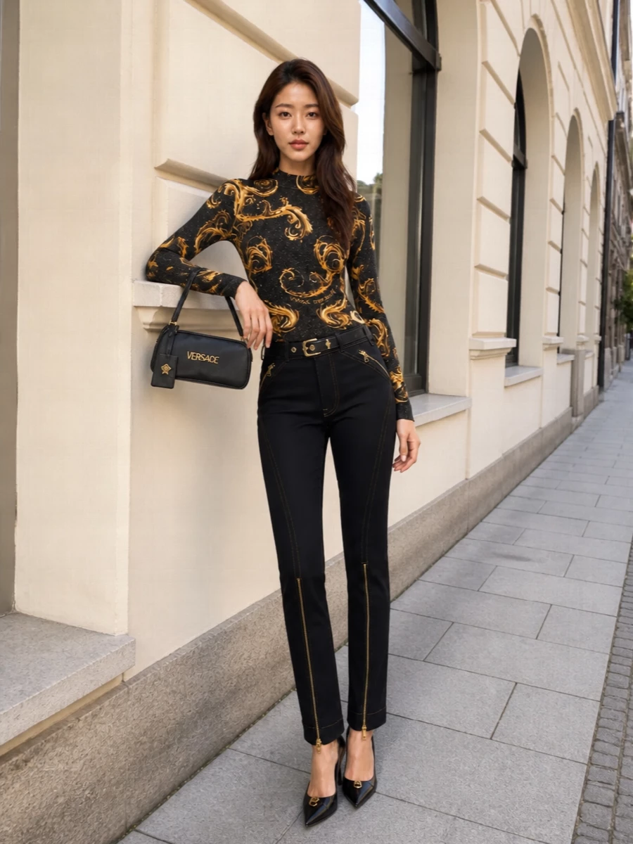 Versace baroque top black gold zip pants outfit