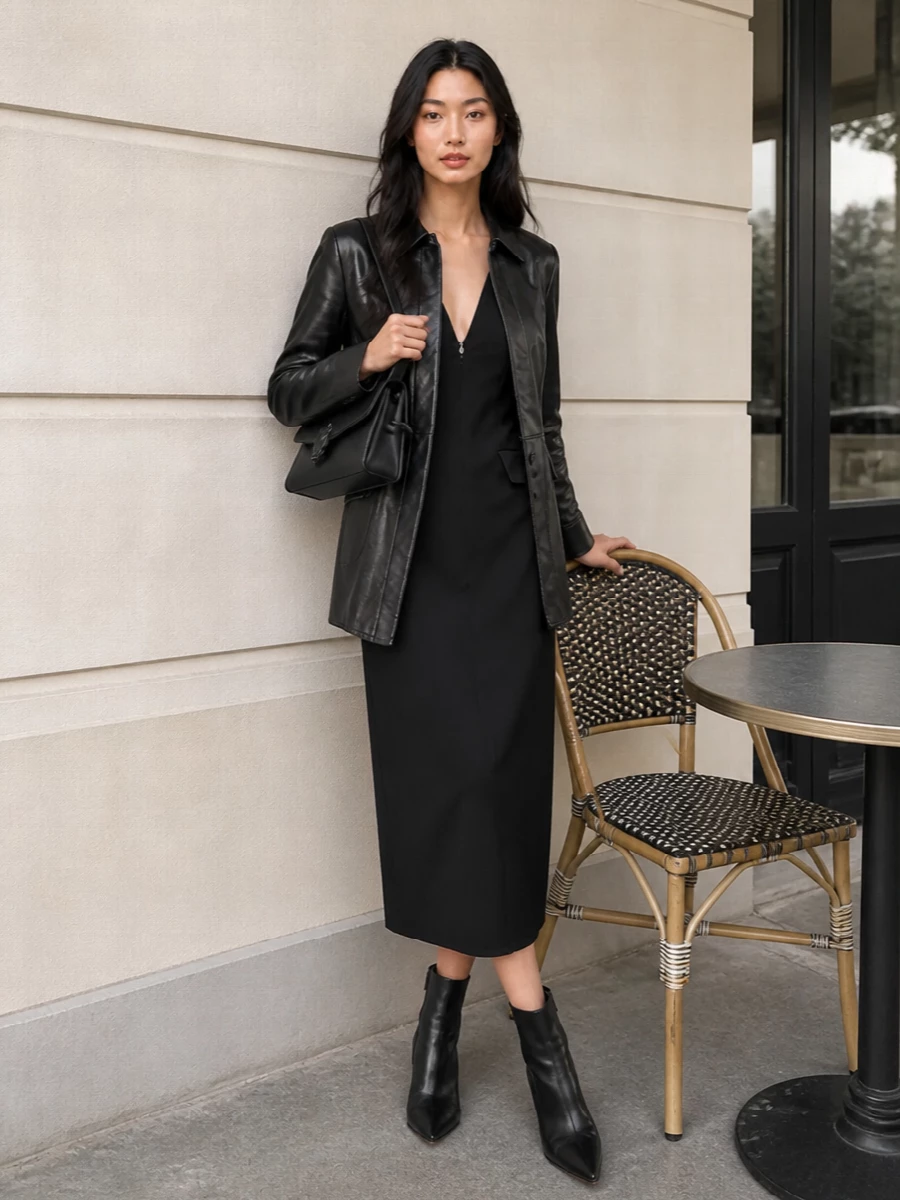 Sportmax leather jacket black midi dress outfit